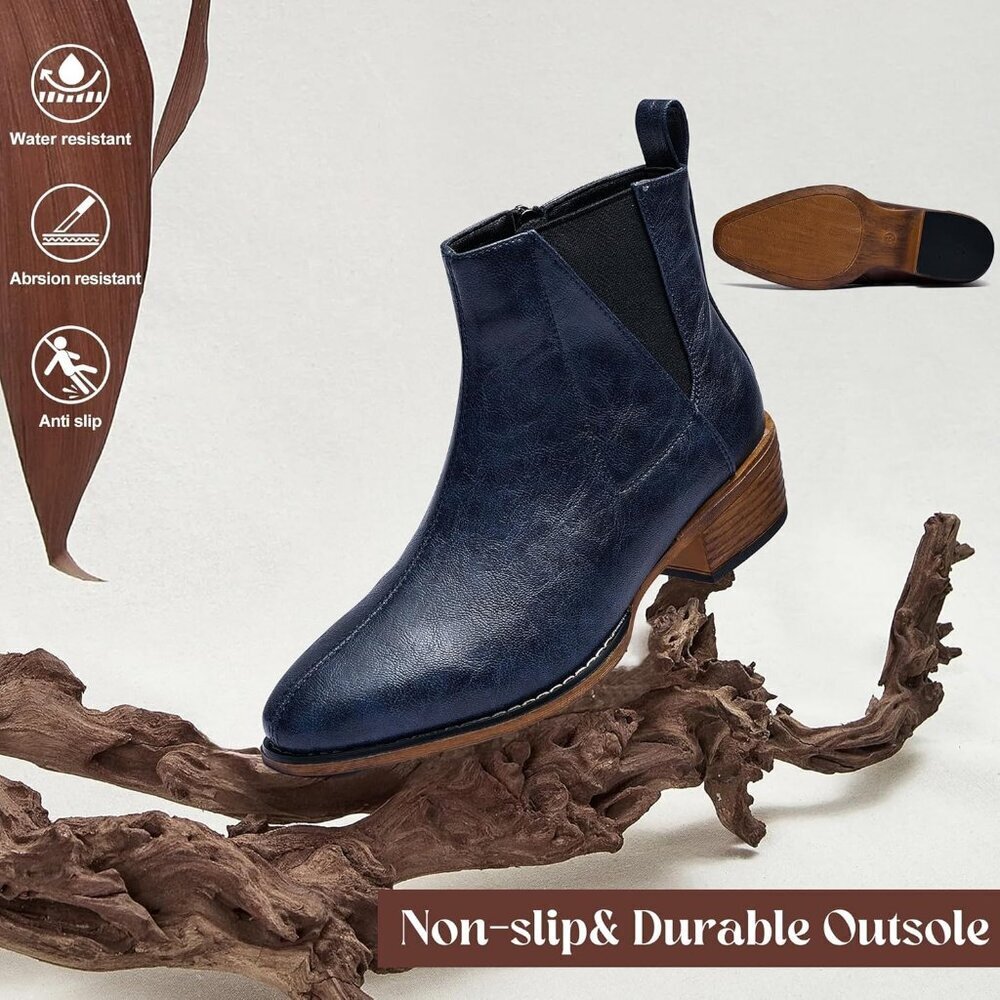 Women's Blue Ankle Boots Mid-height Heels Chelsea Zipper Dressy Booties - Picture 4 of 6